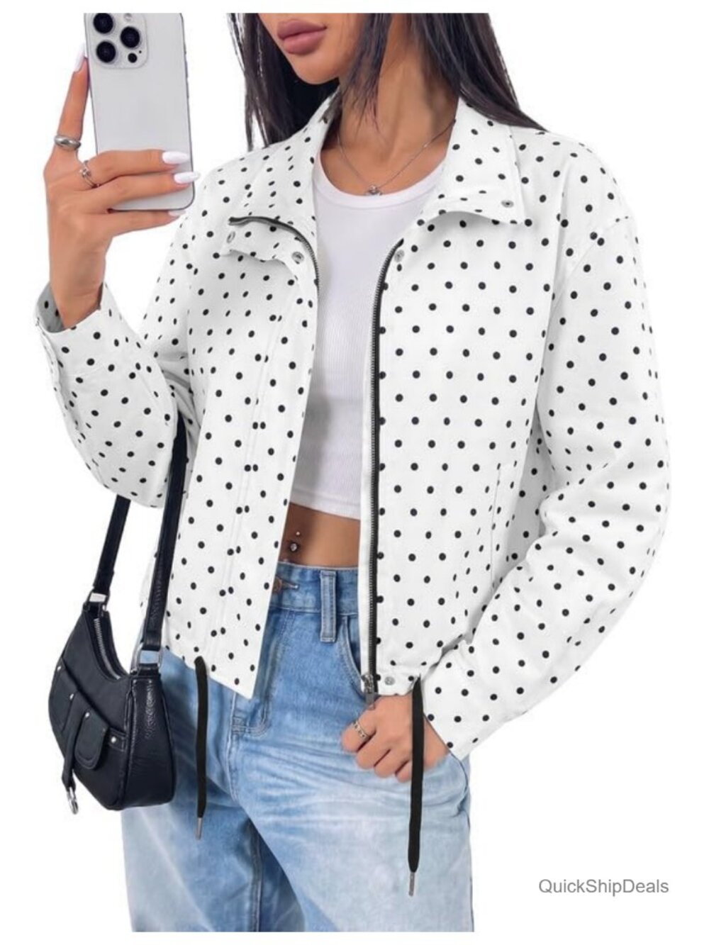 Women's Cropped Zip Jacket Polka Dot Funnel Neck Pockets